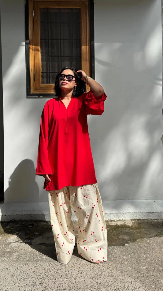 Cherry Bloom Red Kurti with Printed Farshi Salwar