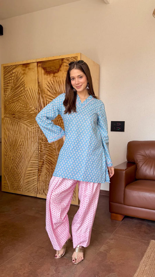 Gulnaar Blue Kurti with Pink Farshi Salwar