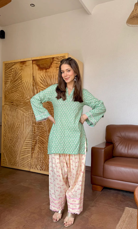 Gulnaar Mint Green Kurti with Farshi Salwar