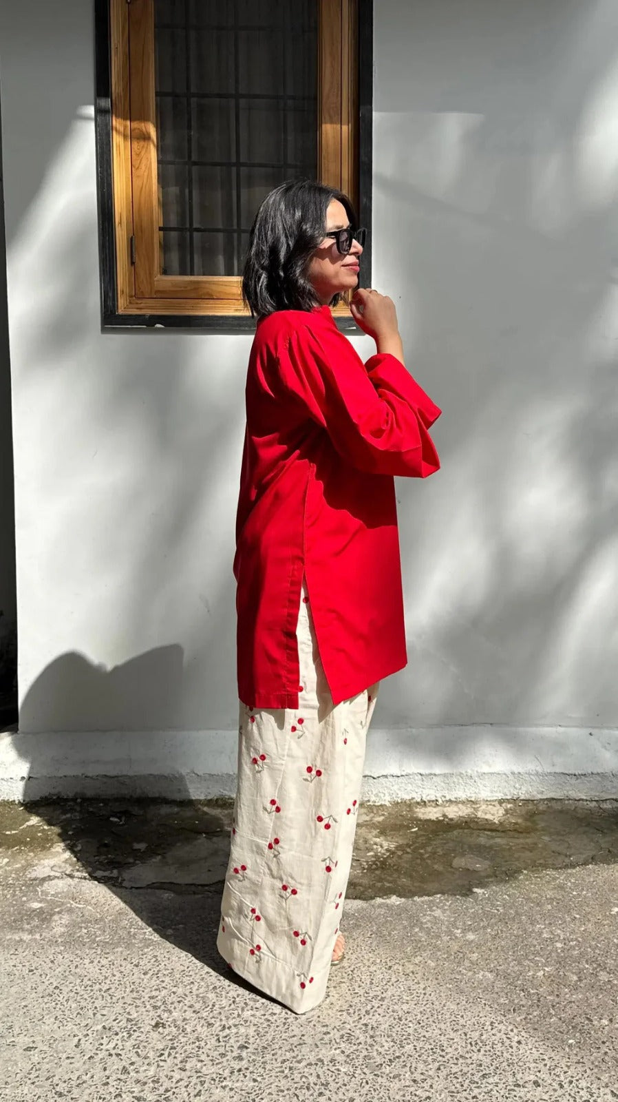 Cherry Bloom Red Kurti with Printed Farshi Salwar