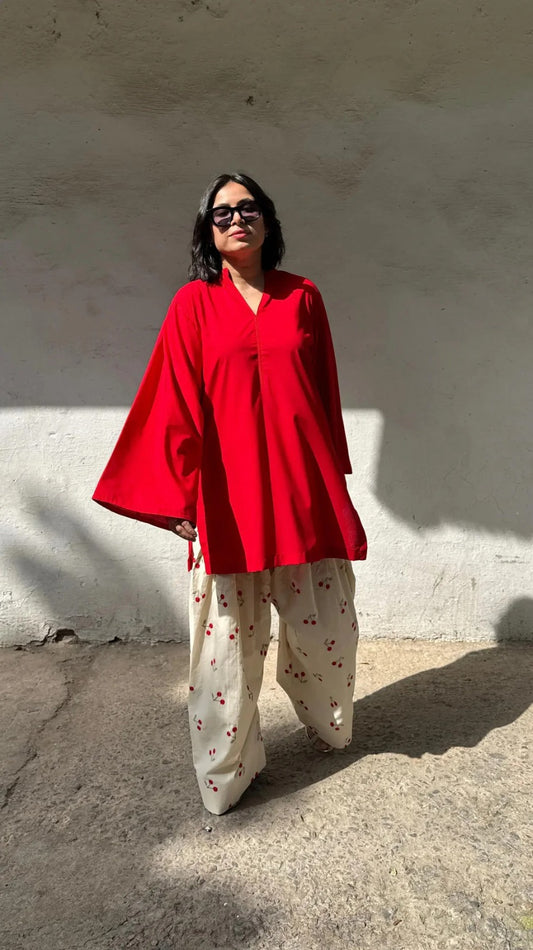 Cherry Bloom Red Kurti with Printed Farshi Salwar