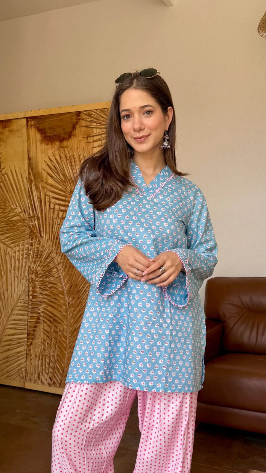 Gulnaar Blue Kurti with Pink Farshi Salwar